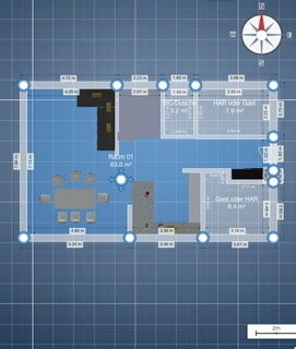 2D-Grundriss eines Hauses mit Wohnzimmer, Essbereich und Küche in Blau