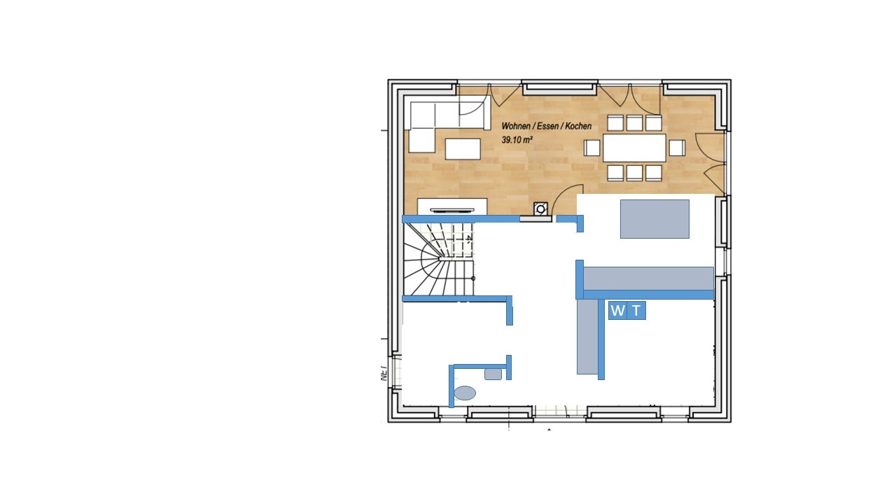 Grundriss: Wohn-/Ess-/Küche, Treppe, Bad und Waschküche.