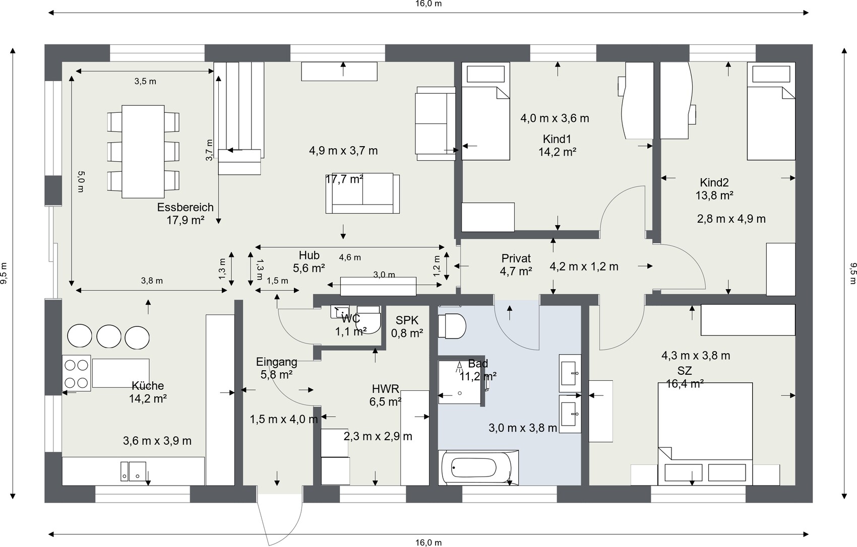 Grundriss eines Hauses: Küche, Essecke, Wohnzimmer, WC, Bad, SZ, Kinderzimmer.