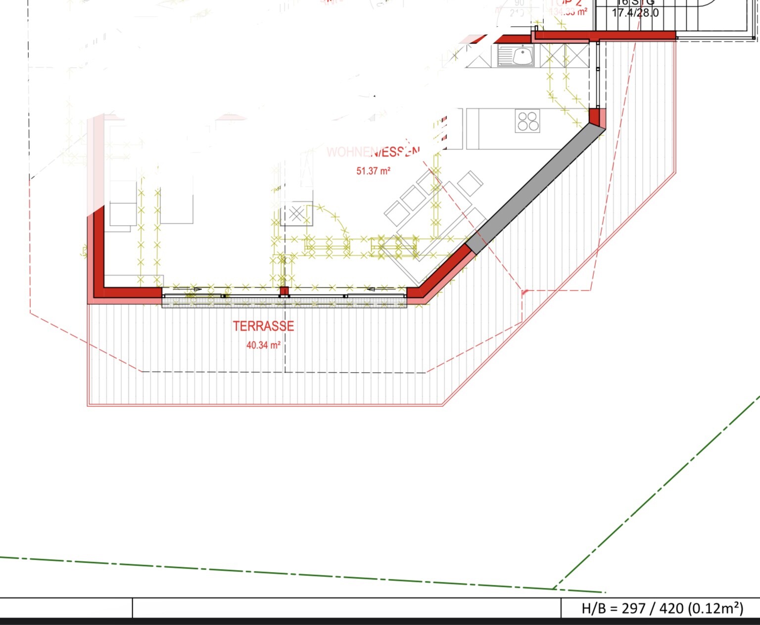 Grundriss eines Wohn-/Essbereichs mit offener Küche und Terrasse (40,34 m²).
