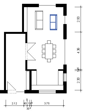 Grundrissplan eines Wohn- und Essbereichs mit Sofa und Esstisch