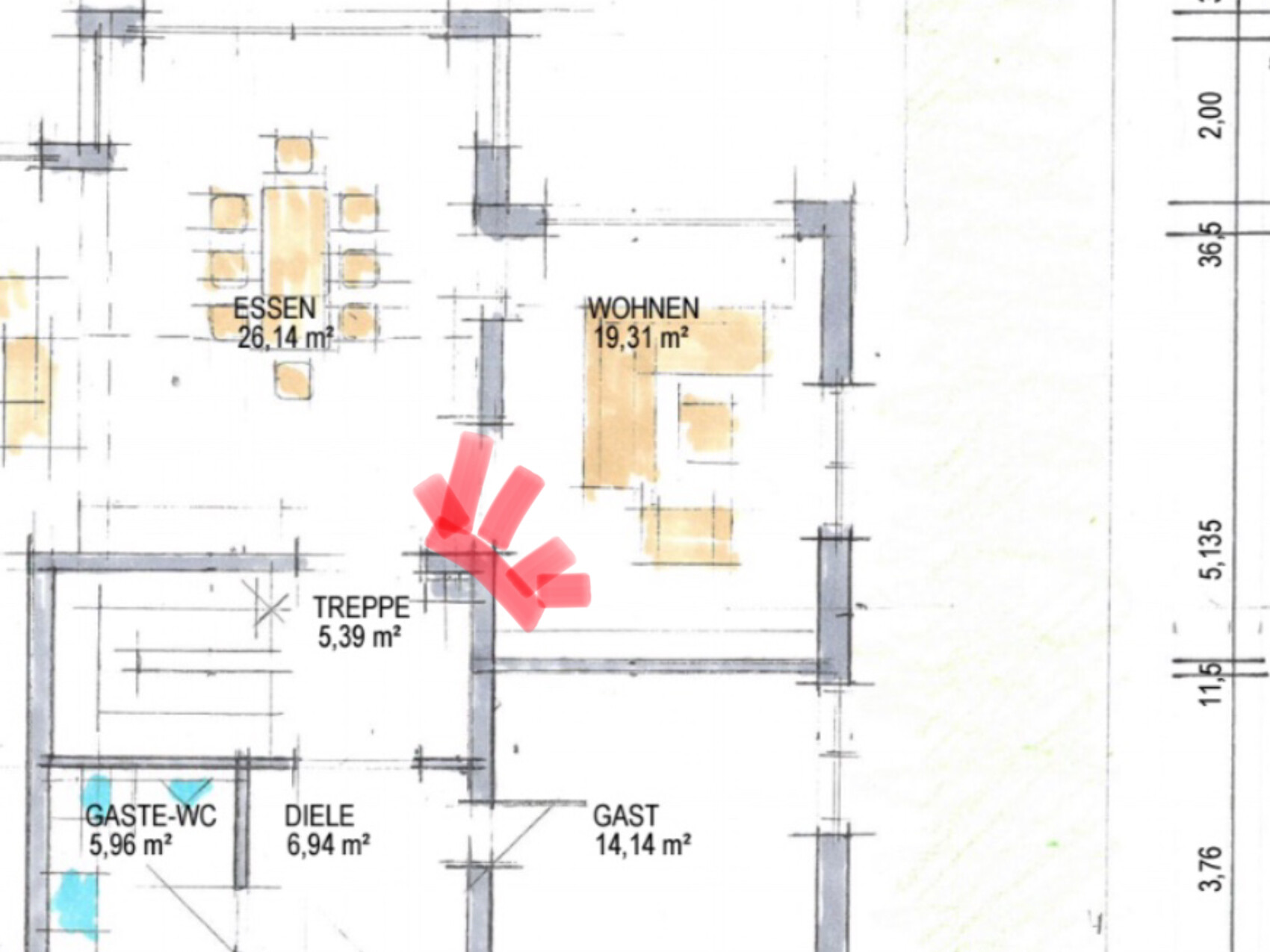 Grundrissplan eines Wohn- und Essbereichs mit Treppe, Diele und Gäste-WC