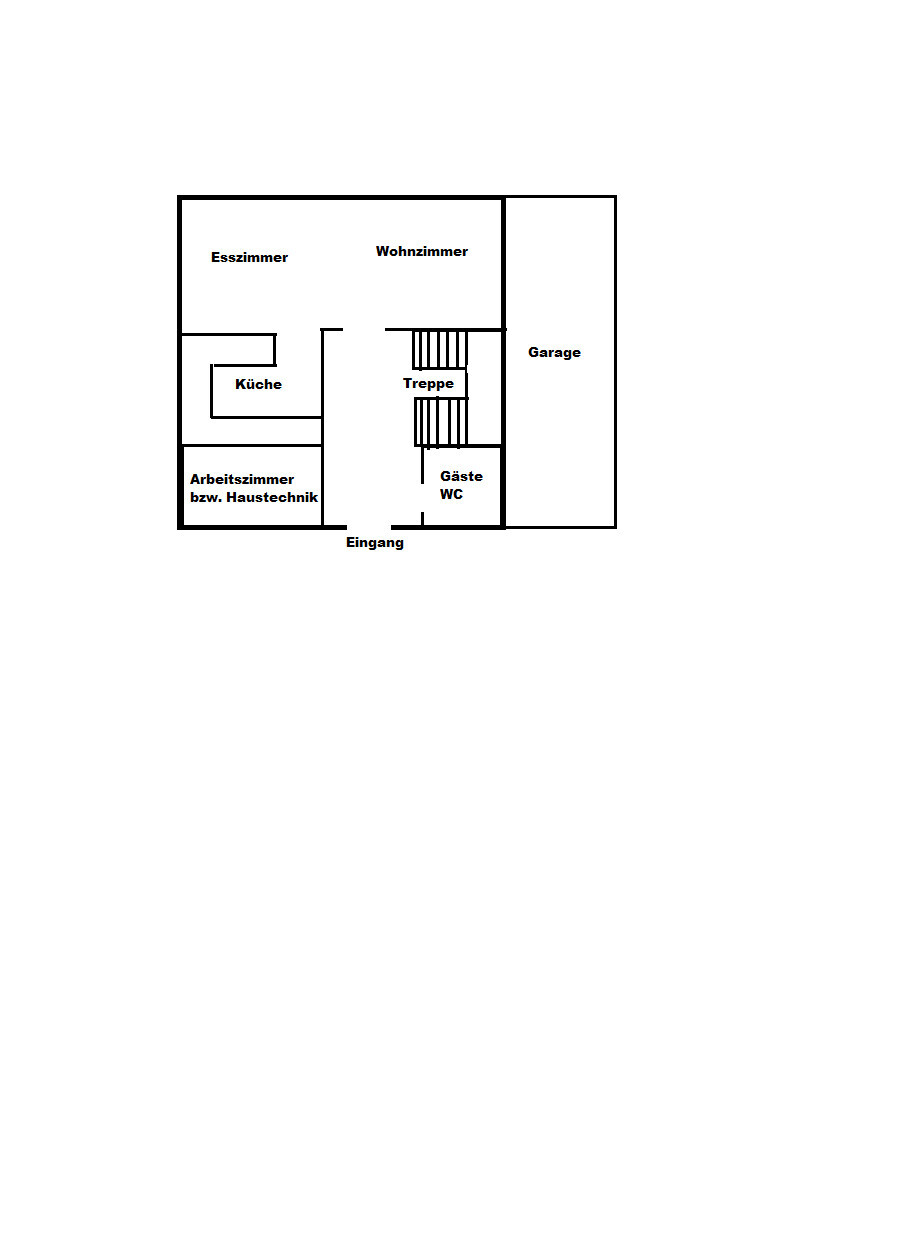 Grundriss eines Hauses mit Esszimmer, Wohnzimmer, Küche, Treppe, Eingang und Garage.