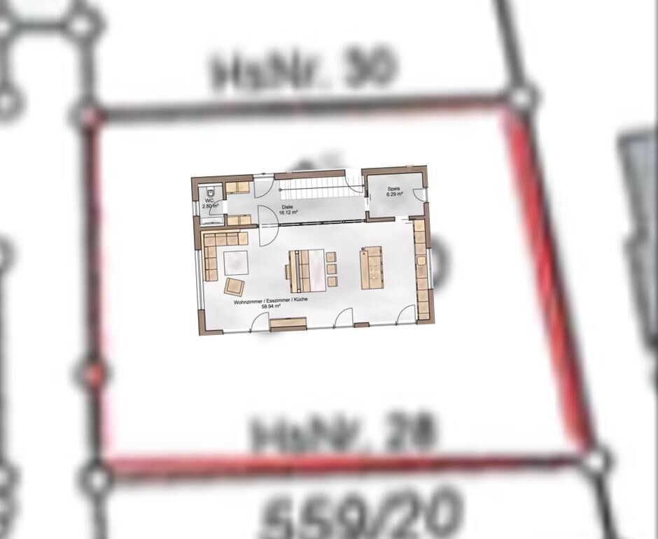 Grundriss eines Hauses mit offenem Wohn-/Ess-/Küchenbereich, Diele, Speis, WC.