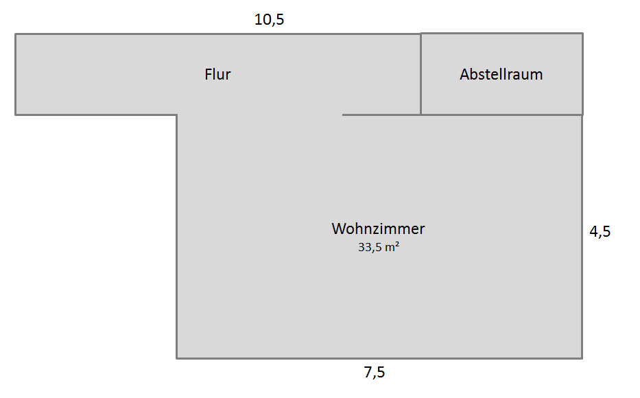 2D-Grundriss: Wohnzimmer mit Flur und Abstellraum, Maße 10,5 x 7,5 m