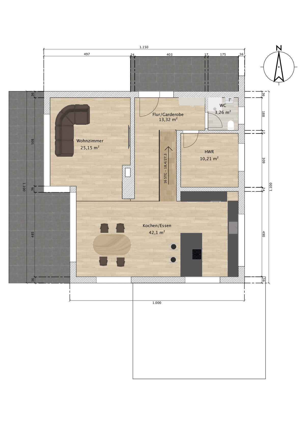 Grundriss: Erdgeschoss mit Wohnzimmer, Küche/Essen, Flur/Garderobe, HWR, WC; Möbel.