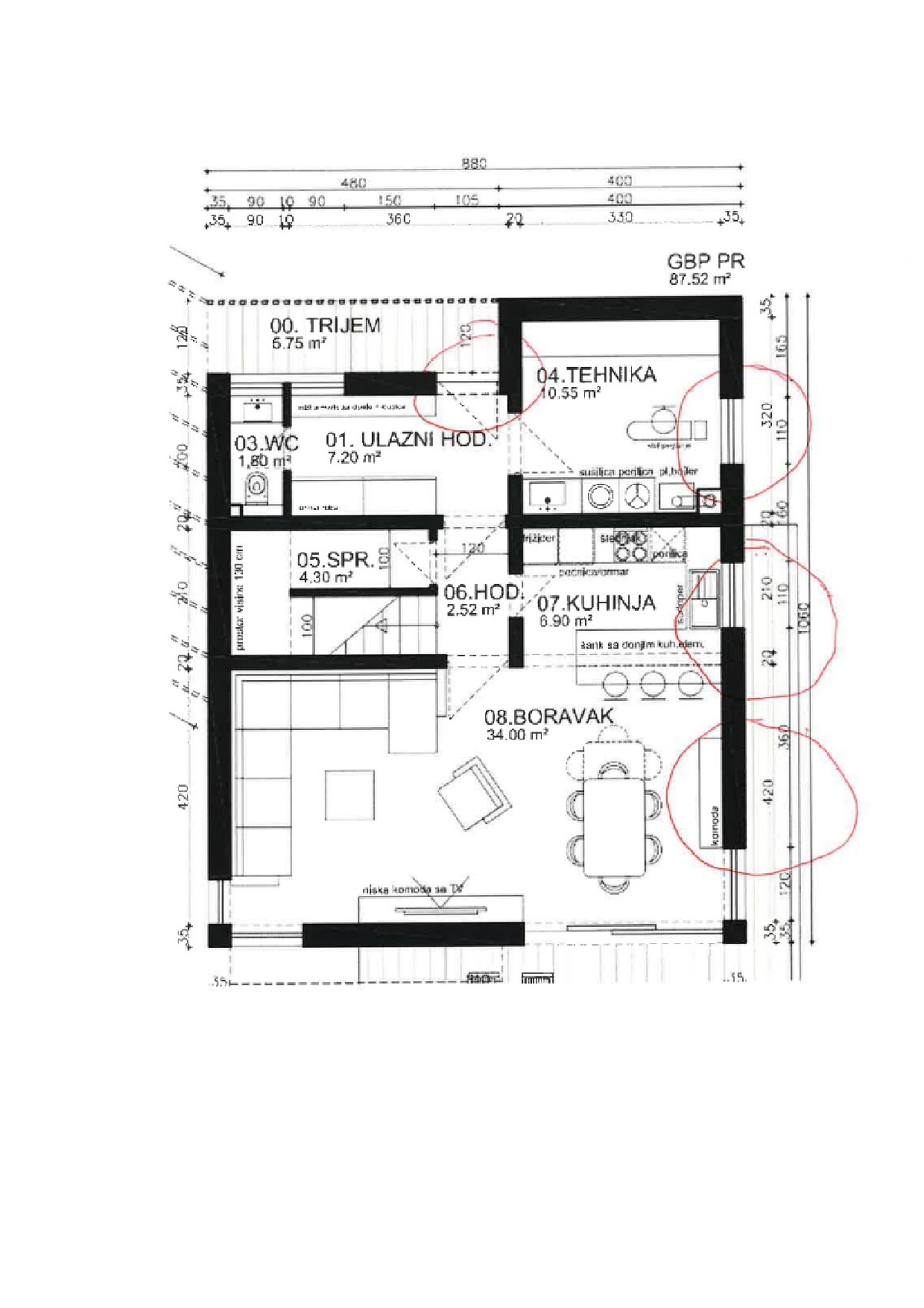 Grundriss einer Wohnung mit Eingang, Flur, WC, Speicher, Technikraum, Küche und Wohnzimmer