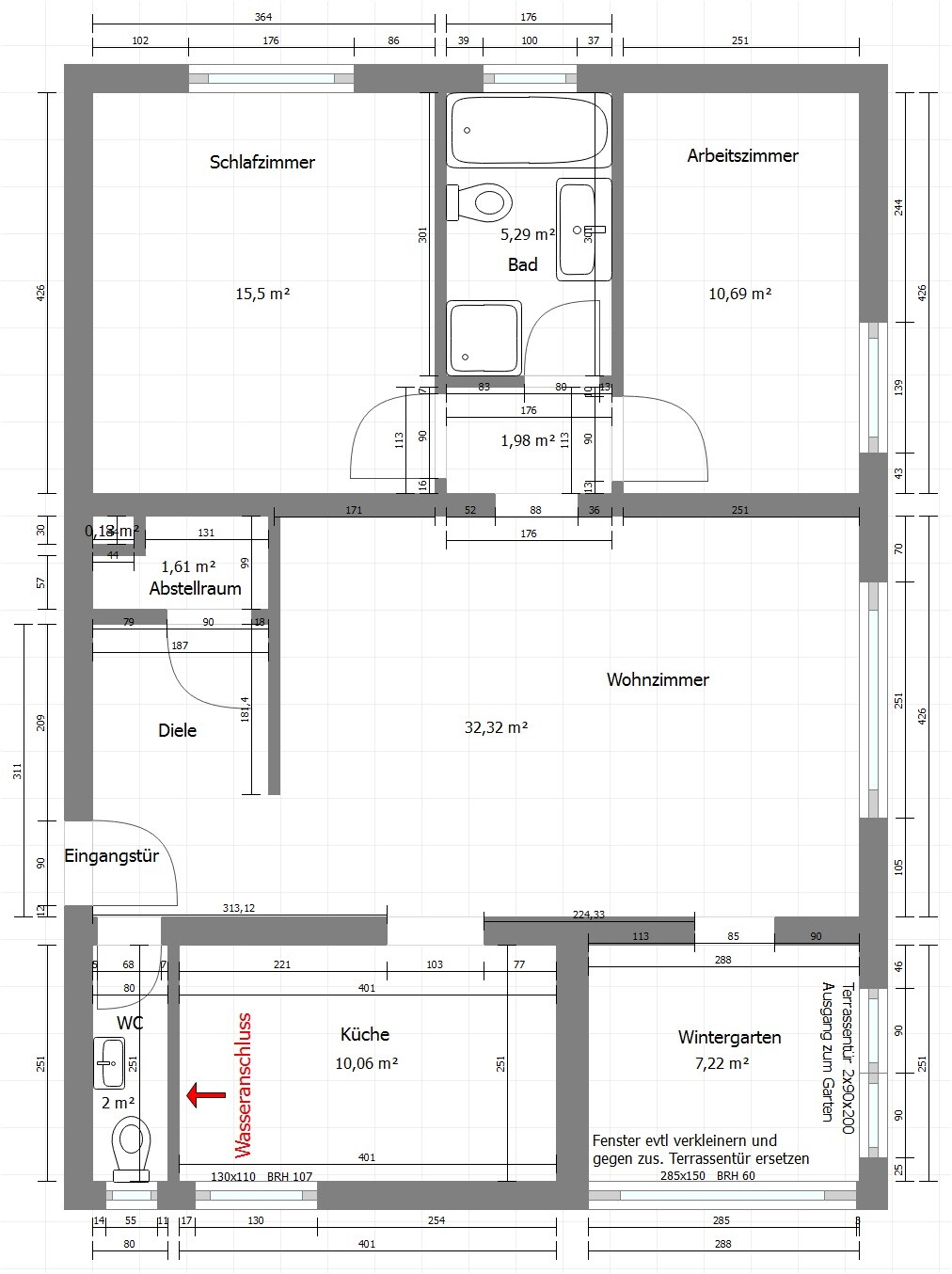 Grundriss eines Apartments: Wohnzimmer, Küche, Wintergarten, Schlafzimmer, Bad und Diele.