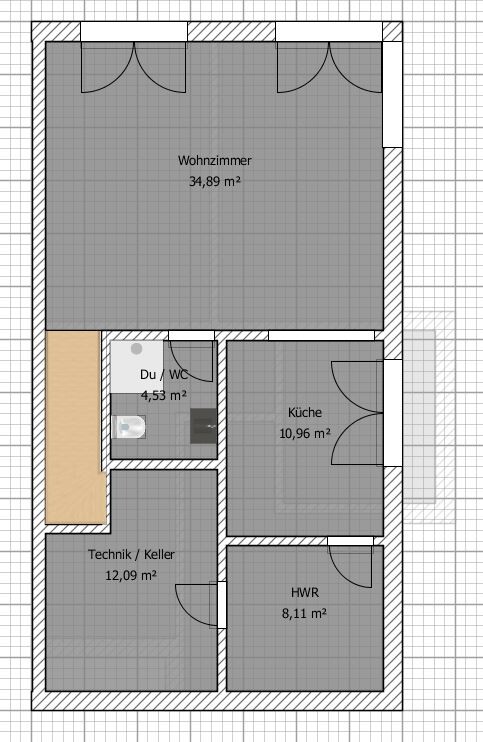 Grundriss einer Wohnung mit Wohnzimmer, Küche, HWR, Technik/Keller und Du/WC.