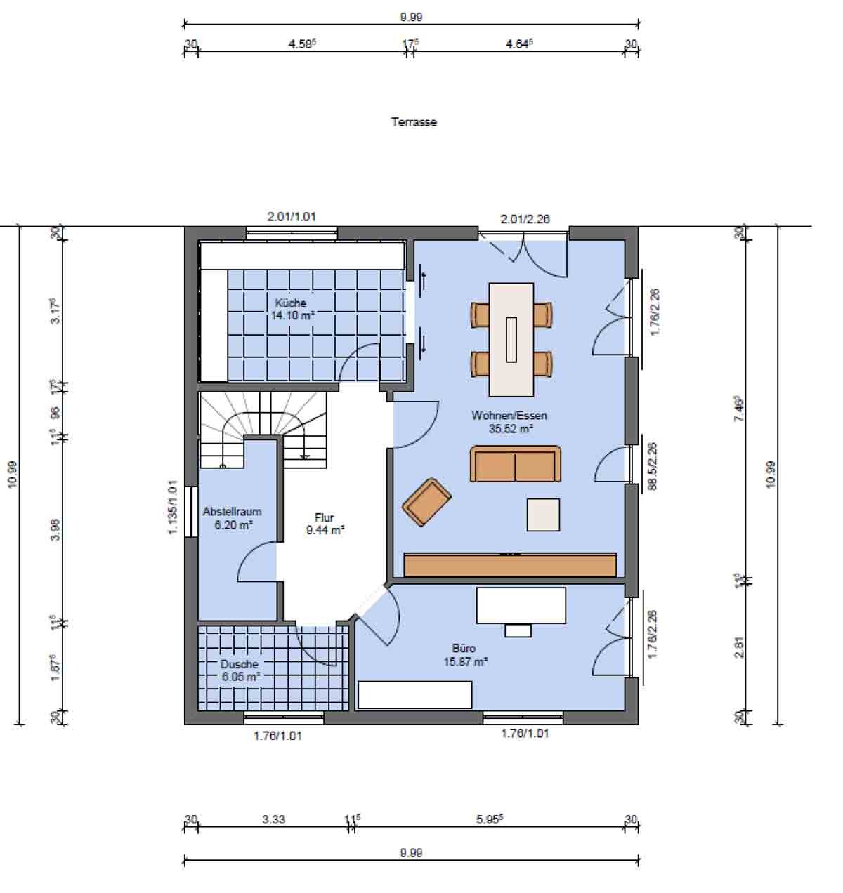 Grundriss eines Hauses mit Küche, Wohnzimmer, Büro, Abstellraum und Dusche
