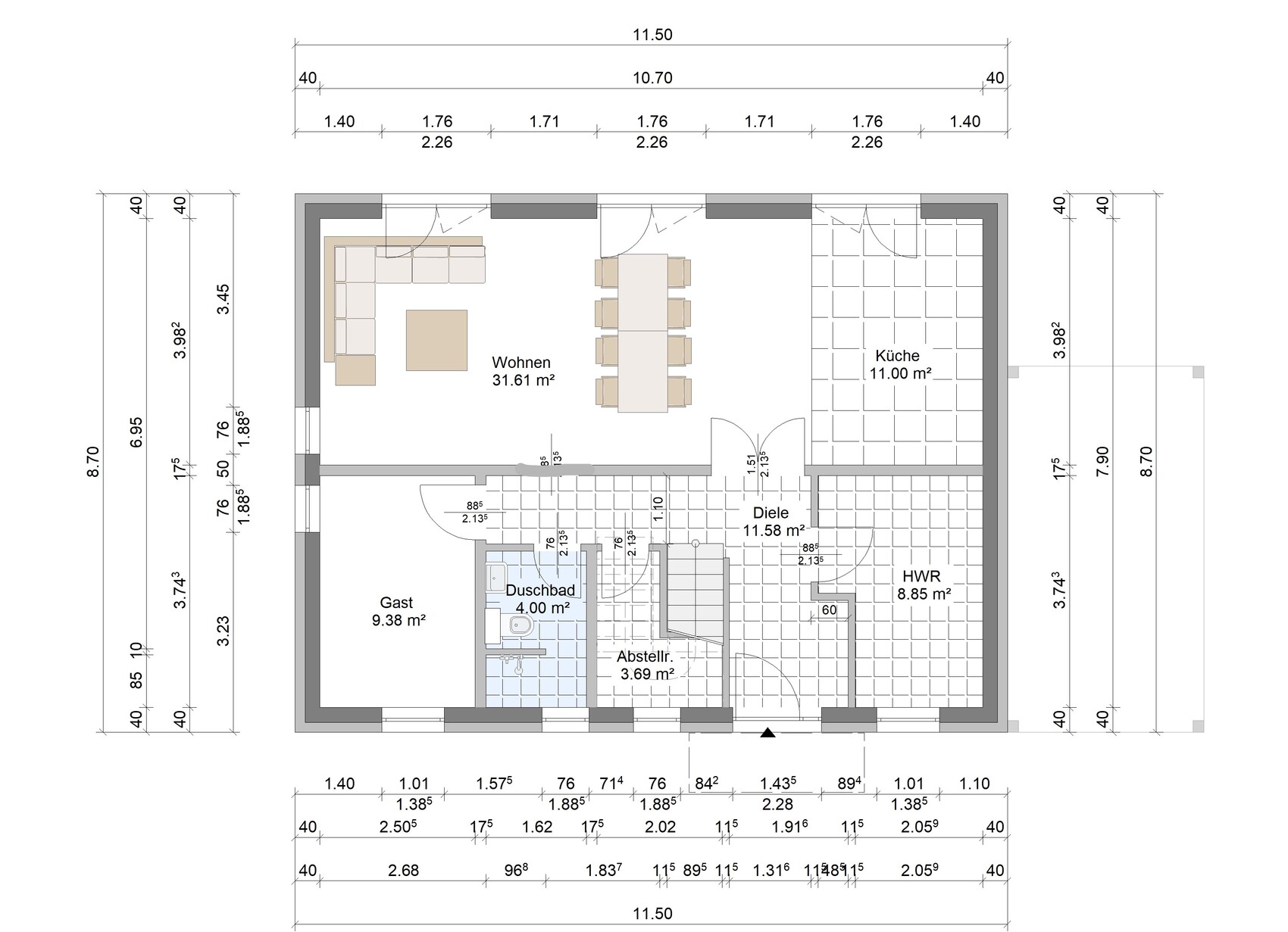Grundriss eines Einfamilienhauses mit Wohnzimmer, Küche, Diele, Gastzimmer und Duschbad