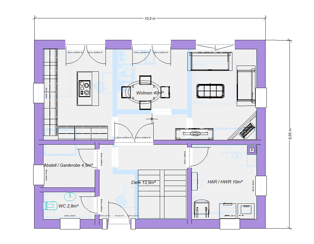 Grundriss eines Hauses: offener Wohnbereich mit Küche, Esstisch, Sofa, Treppe, Diele, HWR, WC.