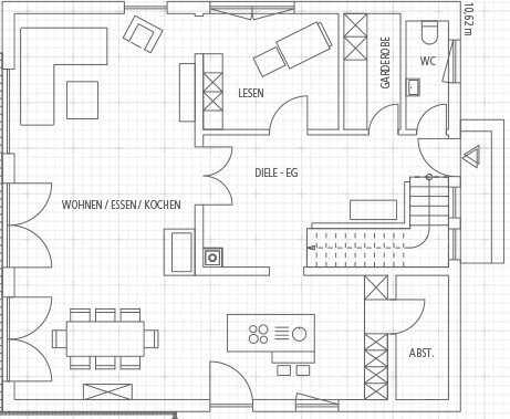 2D Grundriss eines Hauses mit Wohnzimmer, Küche, Essbereich, Diele und Treppen.