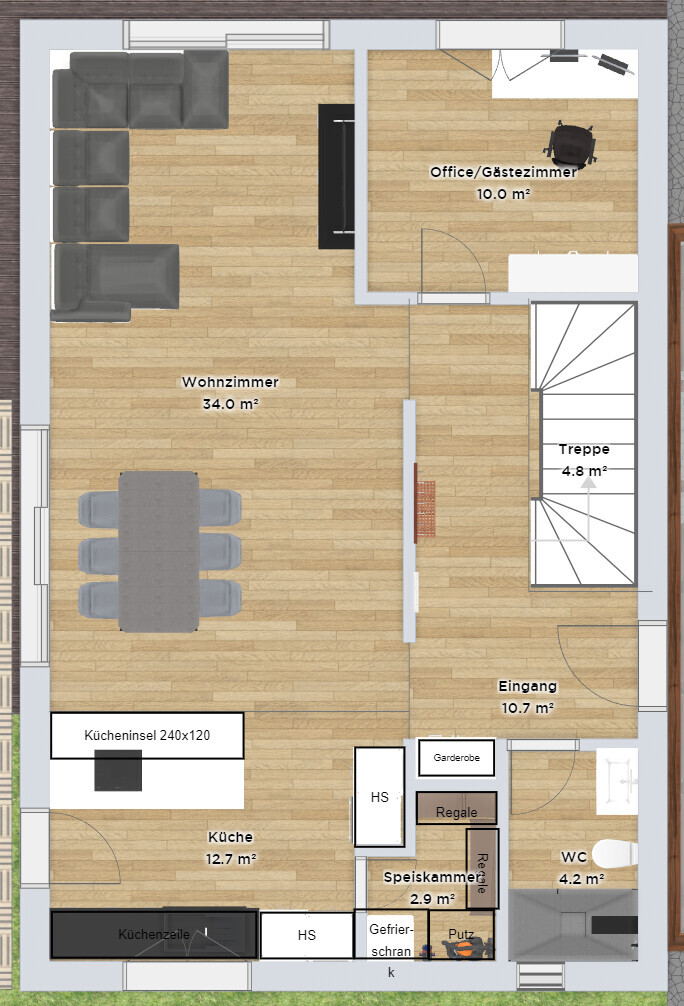 Grundriss Erdgeschoss: Wohnzimmer, Küche mit Insel, Büro/Gästezimmer, Eingangsbereich, Treppe, WC.