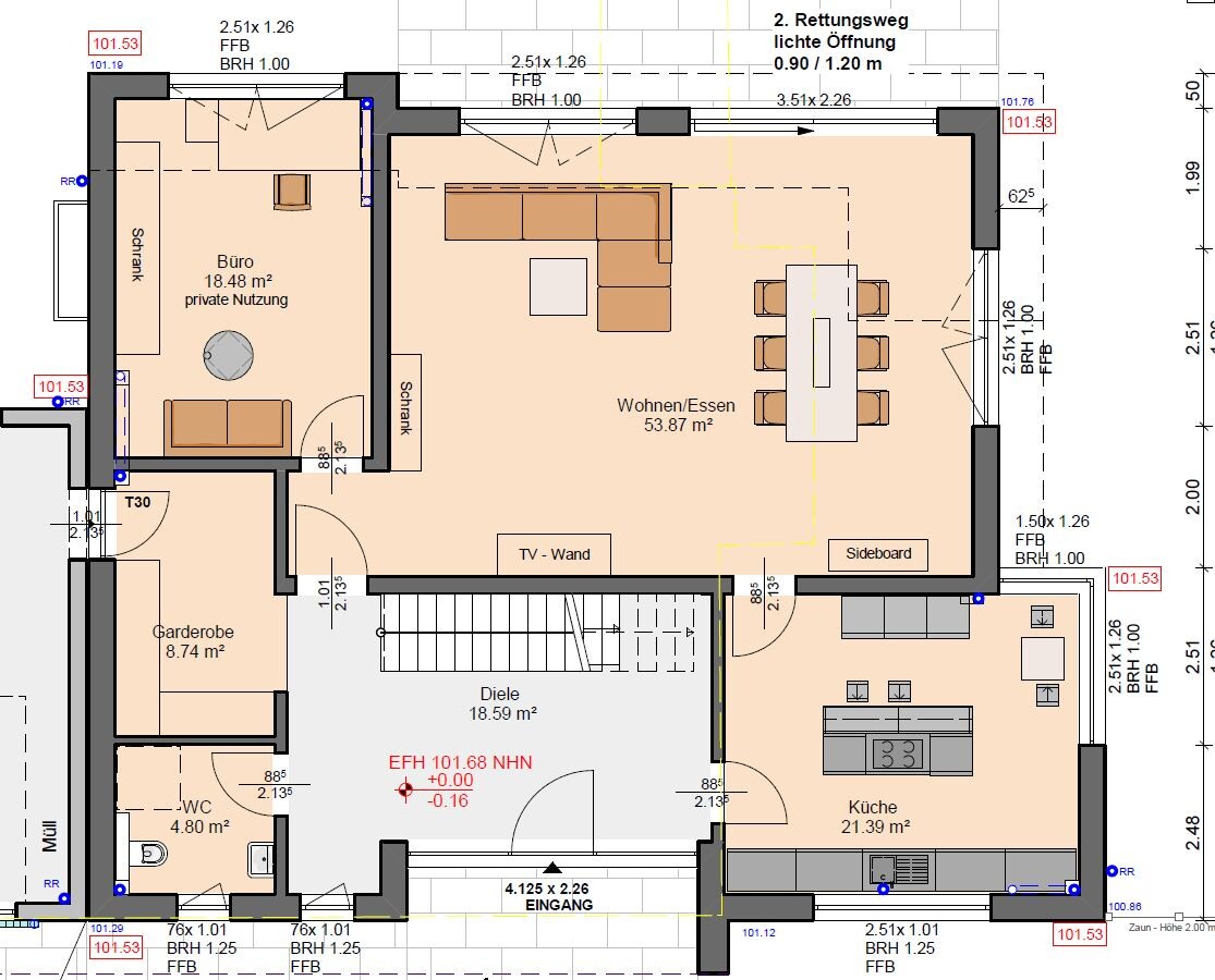 Grundriss eines Wohnbereichs mit Küche, Wohnzimmer, Büro, Garderobe, Diele, WC.