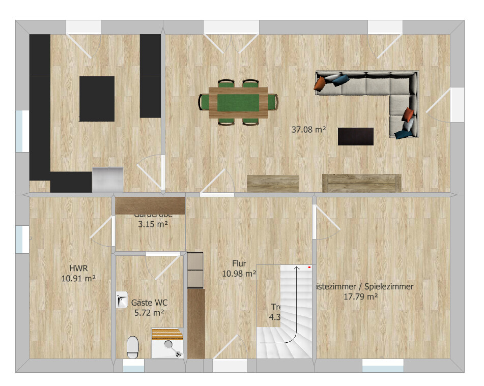 Grundriss eines Hauses: Küche, offener Wohn-/Essbereich, Flur, Treppenhaus, Gästezimmer/Spielzimmer.