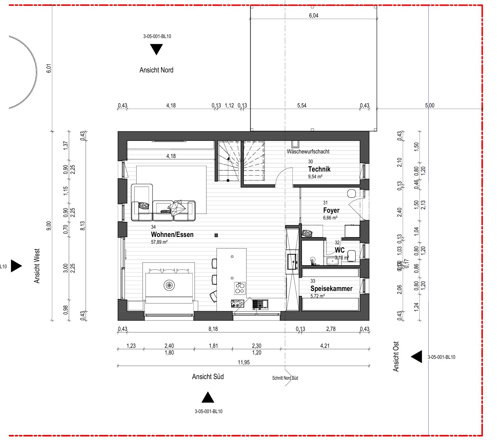 Einfamilienhaus-Grundriss mit Wohnzimmer, Küche, Essbereich, Flur, Technikraum und WC