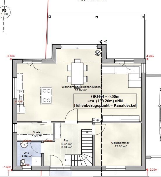 2D Grundriss eines Hauses mit Wohnzimmer, Küche, Essbereich, Flur und Gästezimmer