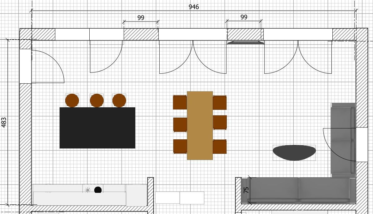 Grundriss eines Wohn- und Arbeitsraums mit Esstisch, Lounge-Sofa und Arbeitsbereich.
