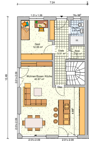 Grundriss eines Hauses: Offener Wohn-/Ess-/Küchenbereich, Gästezimmer, Flur, Bad, Treppe