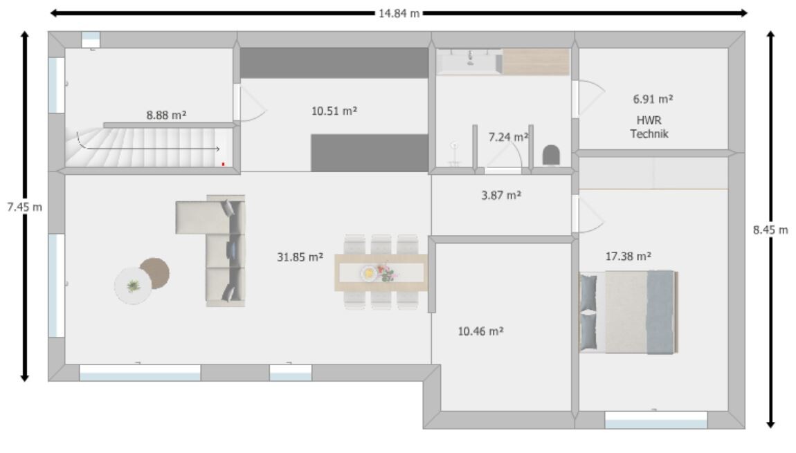 Top-down Grundriss eines Hauses mit Wohnzimmer, Essbereich, Küche, Schlafzimmer, Bad und Technikraum