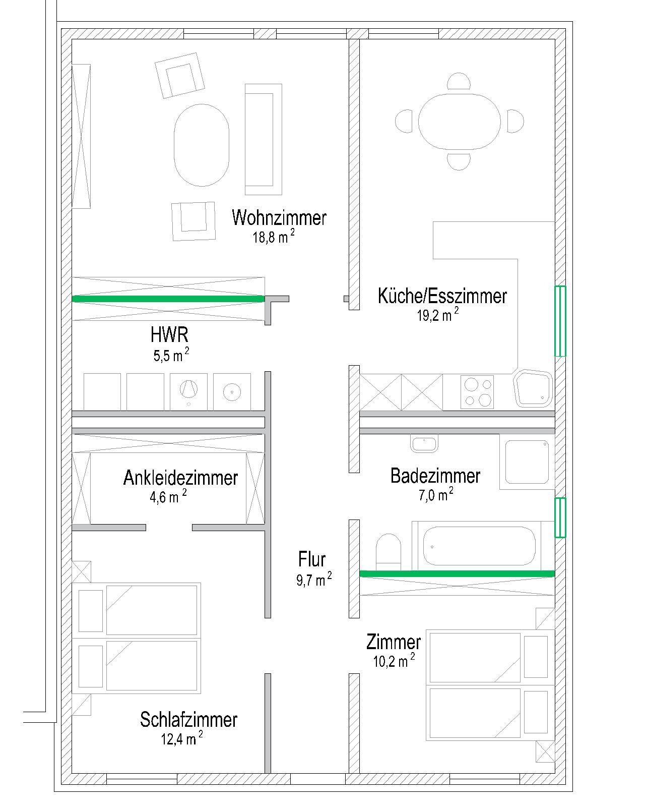 Grundrissplan eines Hauses mit Wohnzimmer, Küche, Bad, Flur und Schlafzimmer