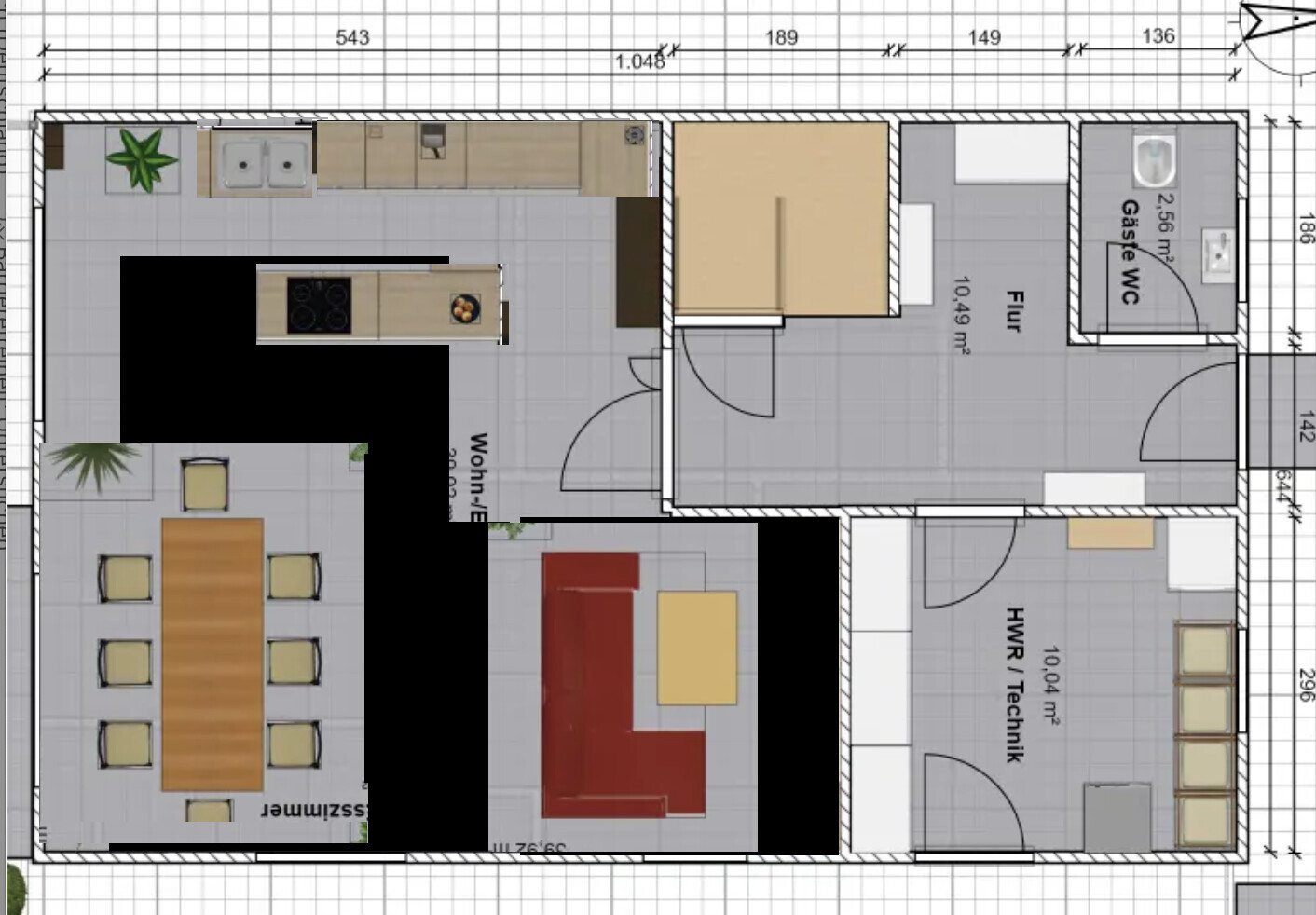 Grundriss einer Wohnung: offene Küche mit Insel, Esstisch, Wohnzimmer, Flur, HWR/Technik, Gäste-WC.