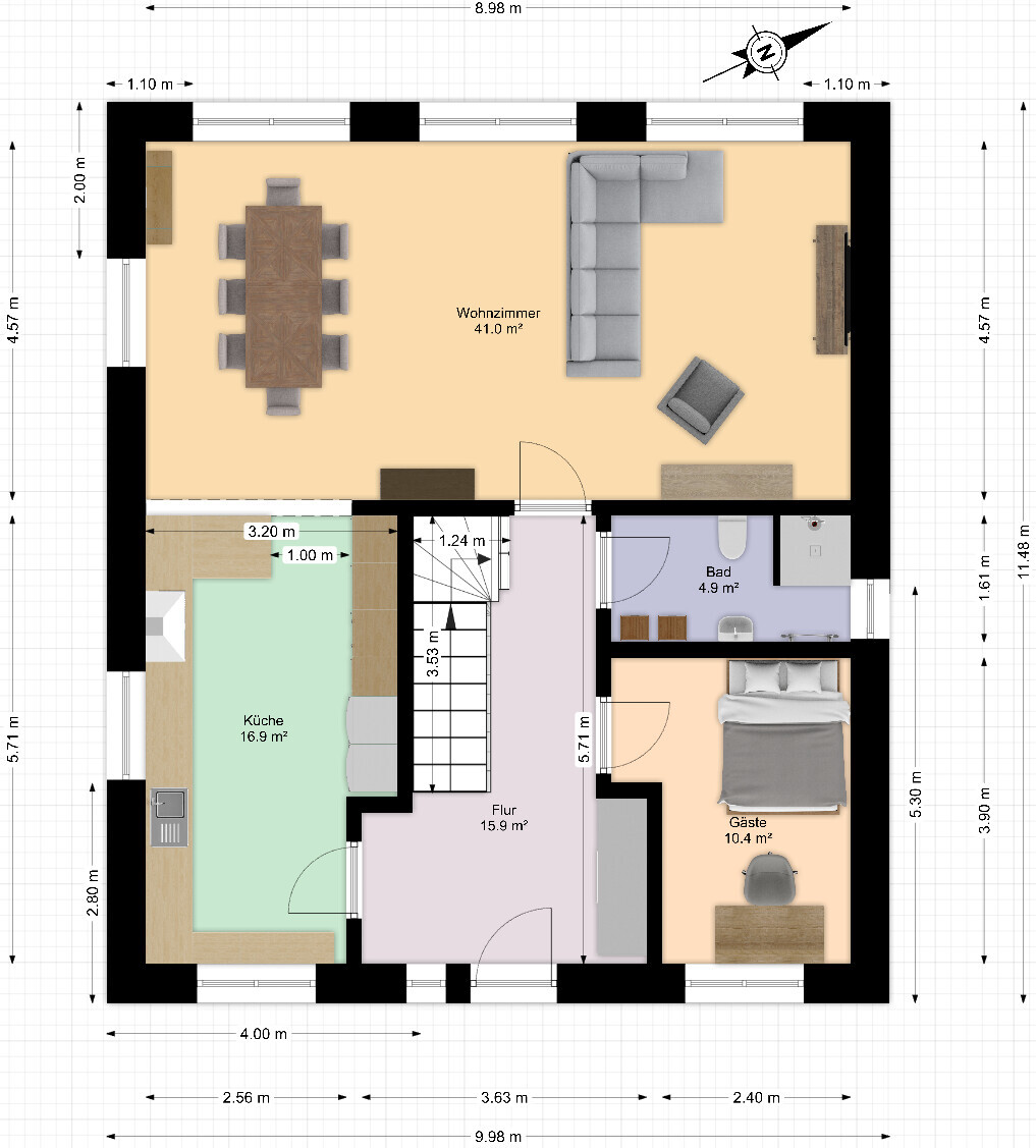2D-Grundriss eines Hauses mit Wohnzimmer, Küche, Flur, Bad und Gästezimmer.