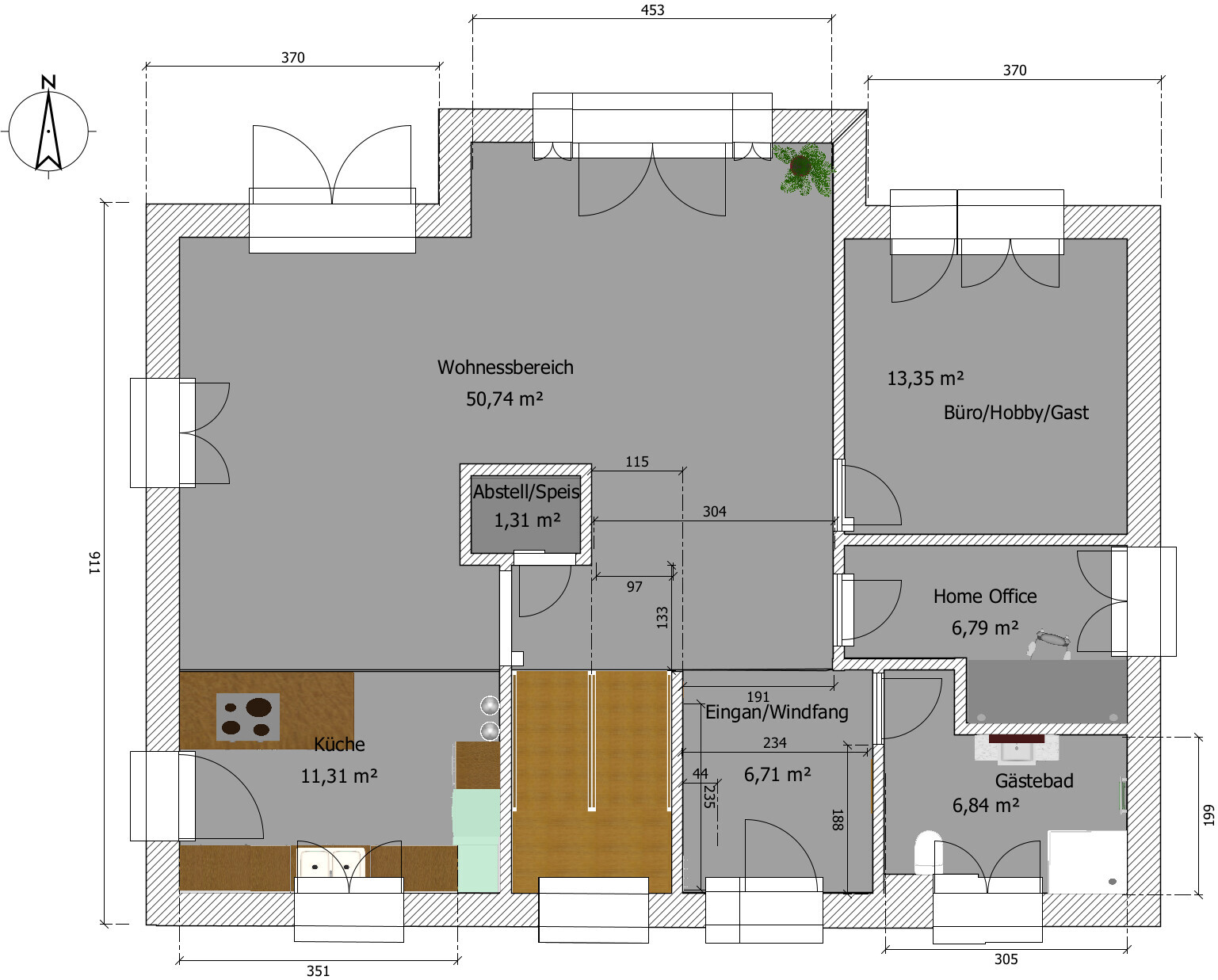 Grundriss eines Hauses: Wohnbereich, Küche, Abstellraum, Eingangsbereich, Büro, Gästebad.