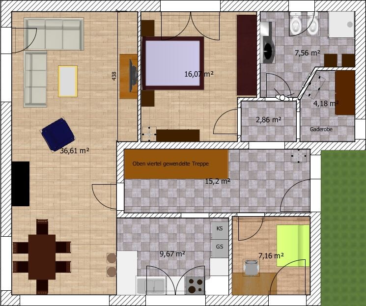 Grundriss eines Apartments: Wohnzimmer, Küche, Schlafzimmer, Bad, Ankleide, Treppe, Garten.