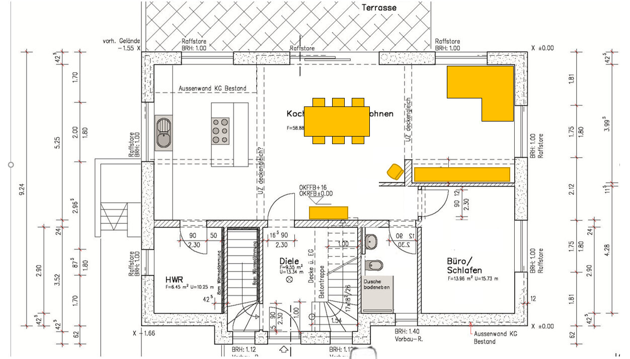 Grundriss eines Hauses mit Küche, Essbereich, Wohnzimmer, Büro und Bad