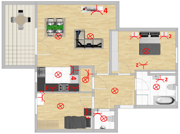 Top-Down Grundriss einer Wohnung mit Wohnzimmer, Küche, Schlafzimmern, Bad und Terrasse