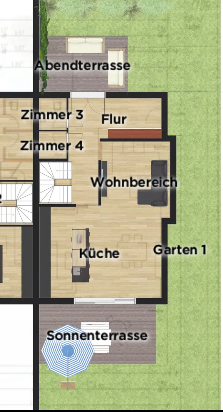 Grundriss eines Hauses: Küche, Wohnbereich, Flur, Zimmer 3/4, Garten 1, Sonnenterrasse.