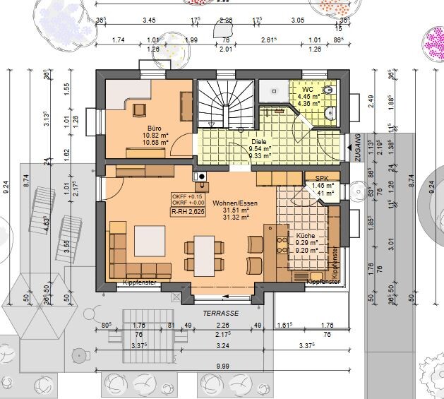 Grundriss eines Einfamilienhauses: Büro, Wohnen/Essen, Küche, Diele, Terrasse, WC.