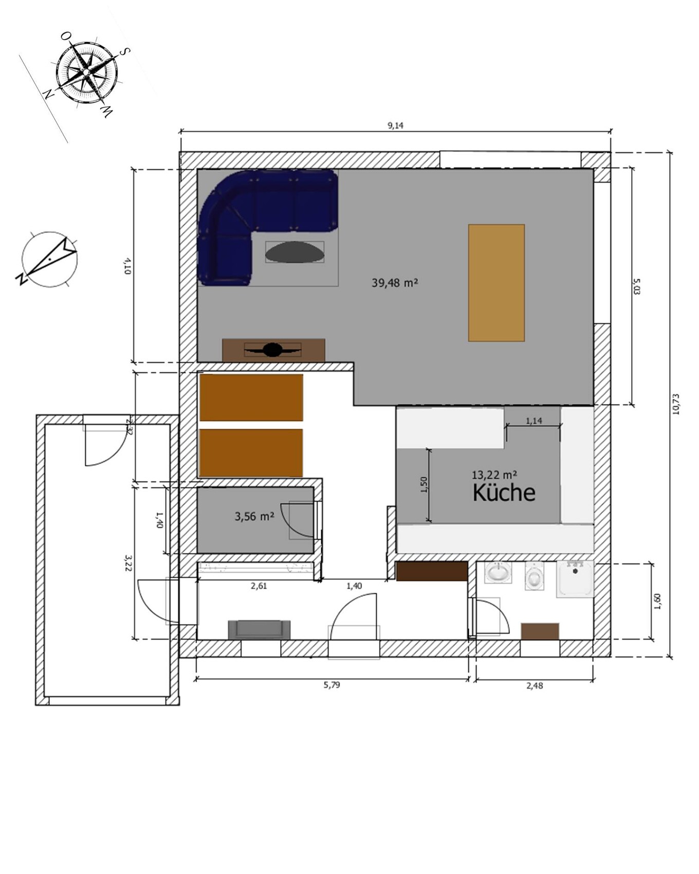 Grundriss einer Wohnung: Offener Wohnbereich mit Sofa, Esstisch, Küche und Eingangsbereich.