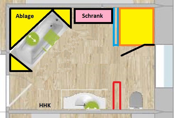 Raumplan: linke Ablage und Schrank, gelbes Möbelstück rechts, roter U-förmiger Ständer