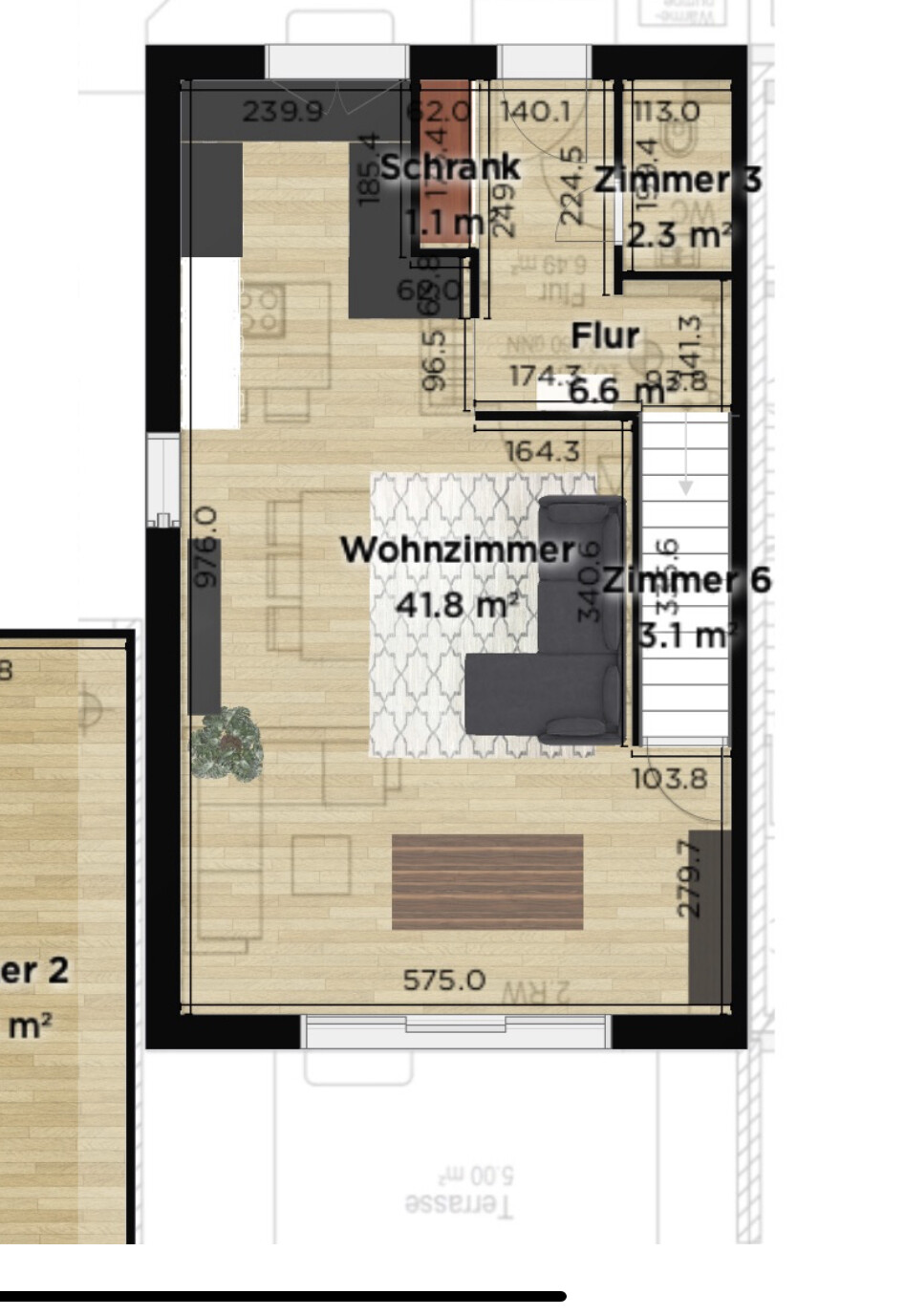 Grundriss einer Wohnung: Wohnzimmer mit Esstisch, Sofa, Teppich, Flur, Zimmer 3 und Schrank.