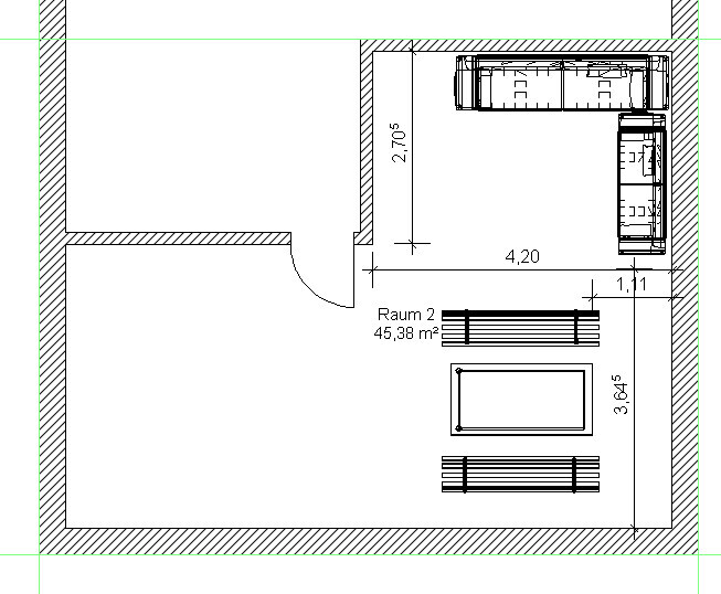 2D-Grundriss eines Wohnraums mit Sitzgruppe und Durchgängen