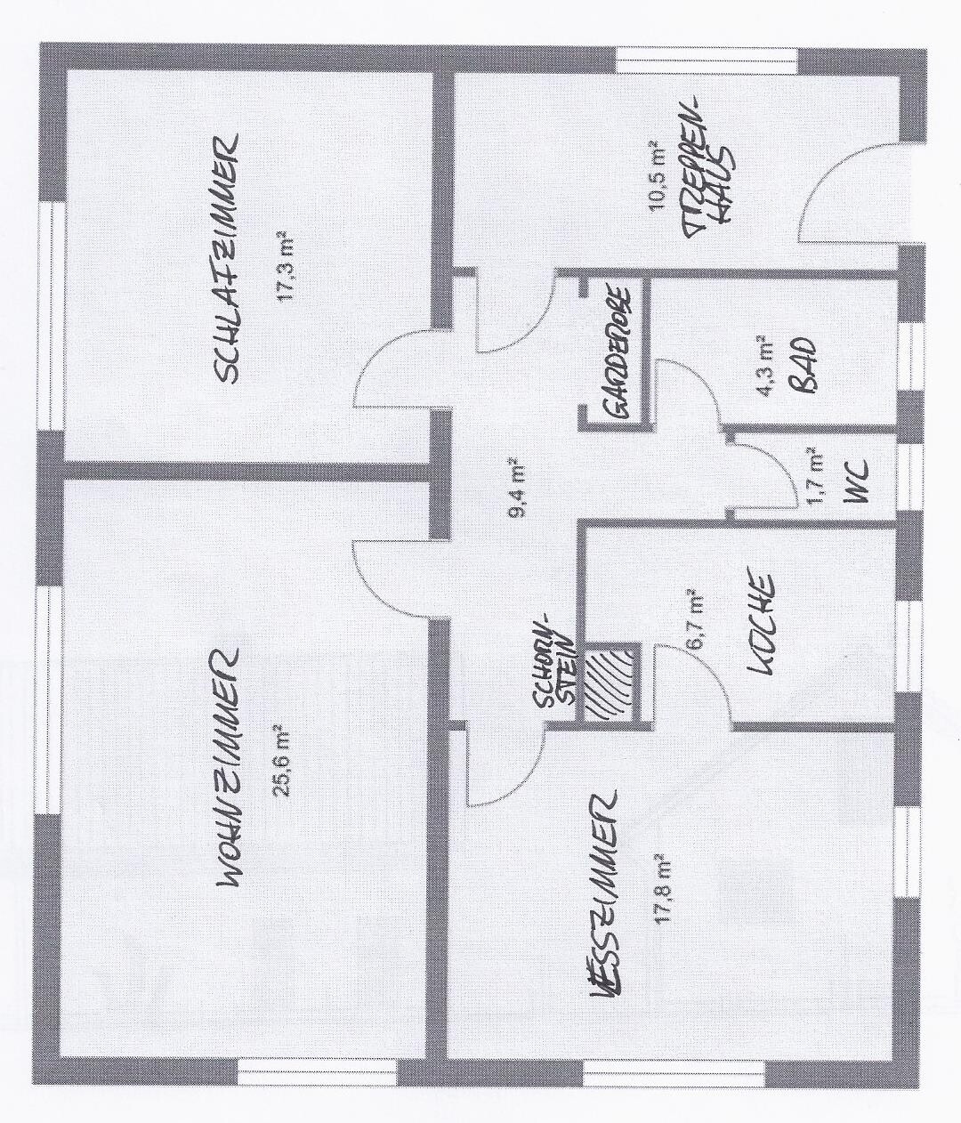 2D Grundrissplan zeigt Wohnzimmer und Schlafzimmer mit Türen und Flächen