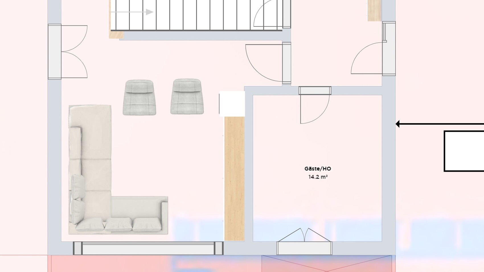 Grundriss: Wohnzimmer links mit Sofa und zwei Sesseln, Gästezimmer rechts, Treppe oben.
