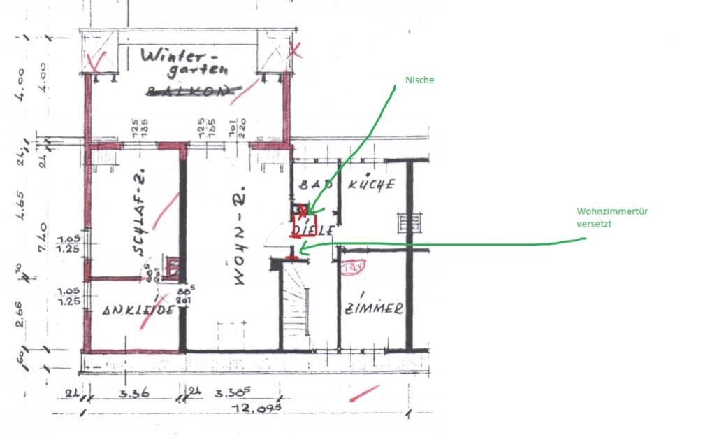 Handgezeichneter Wohnungsgrundriss mit Wohnzimmer, Schlafzimmer und Wintergarten