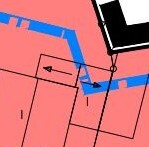 Architektonischer Grundriss: blaue Linien zeigen Layout eines Bauplans auf pinkem Hintergrund