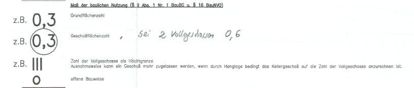 Bauliche Nutzungsformblatt mit Beispielwert 0,3 für Geschossflächenzahl.