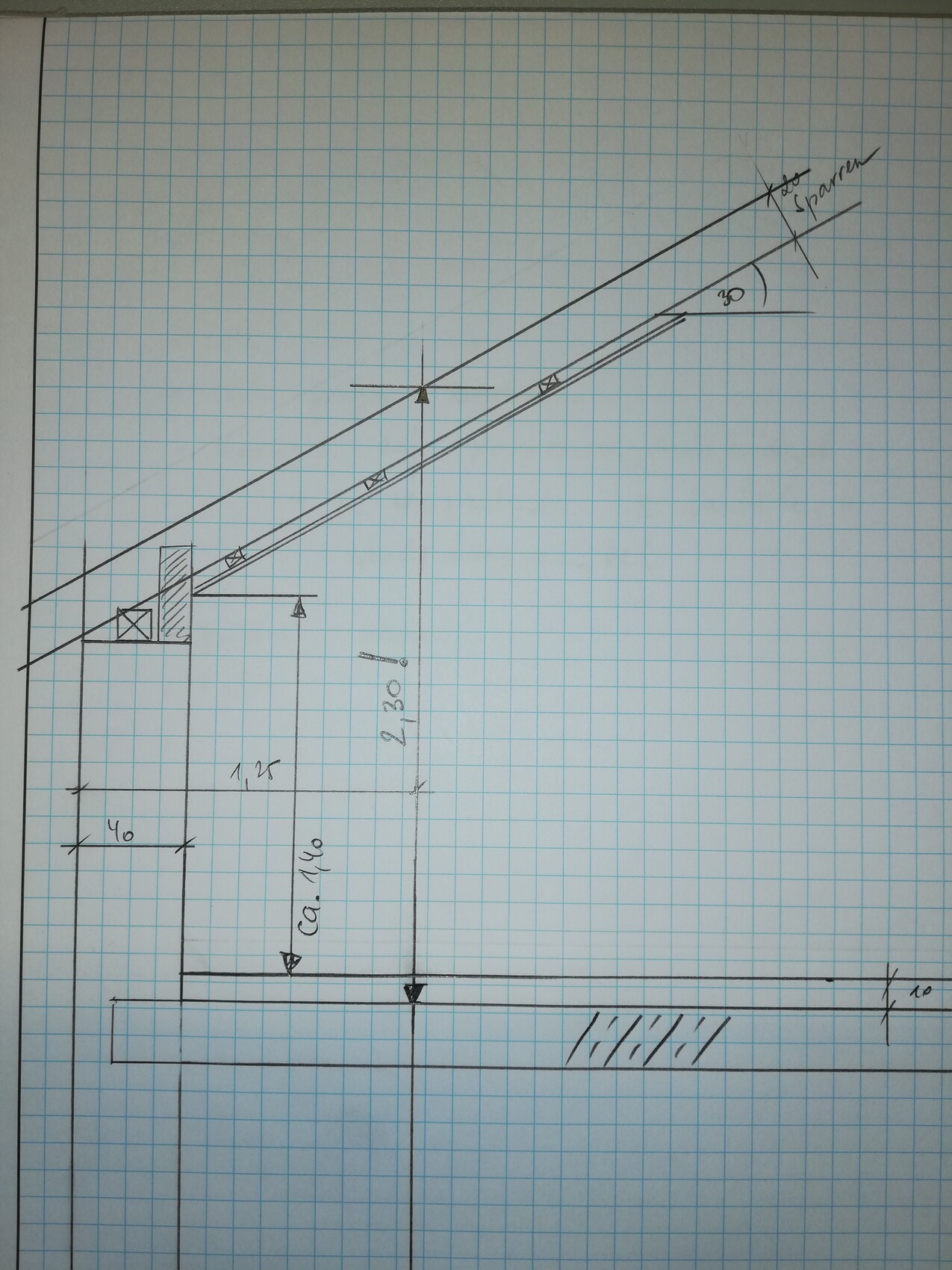 Technische Skizze: geneigter Balken mit Maßlinien auf Graphpapier.