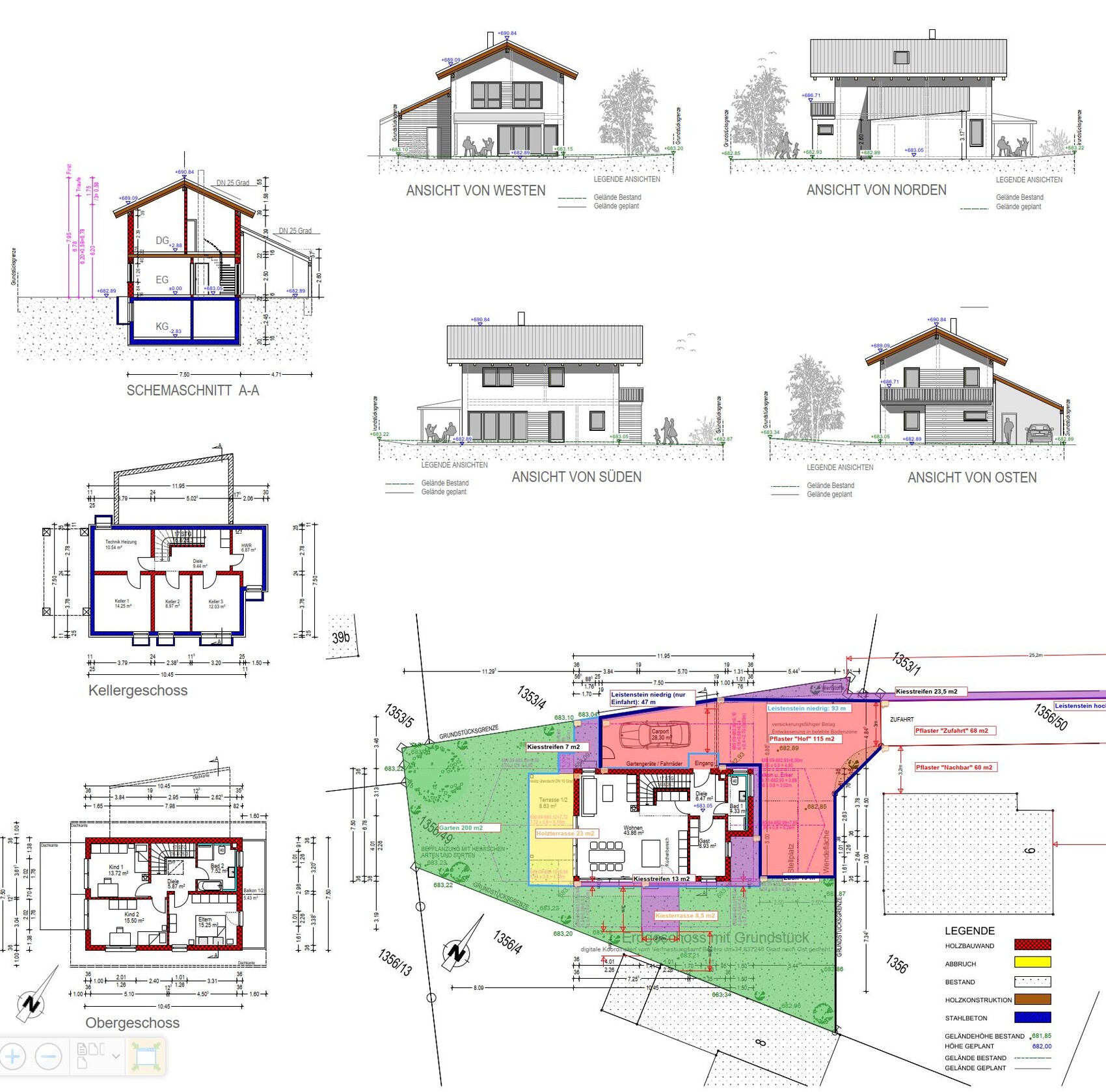 Architekturplan eines Einfamilienhauses mit Grundriss, Schnitten und Fassadenansichten.
