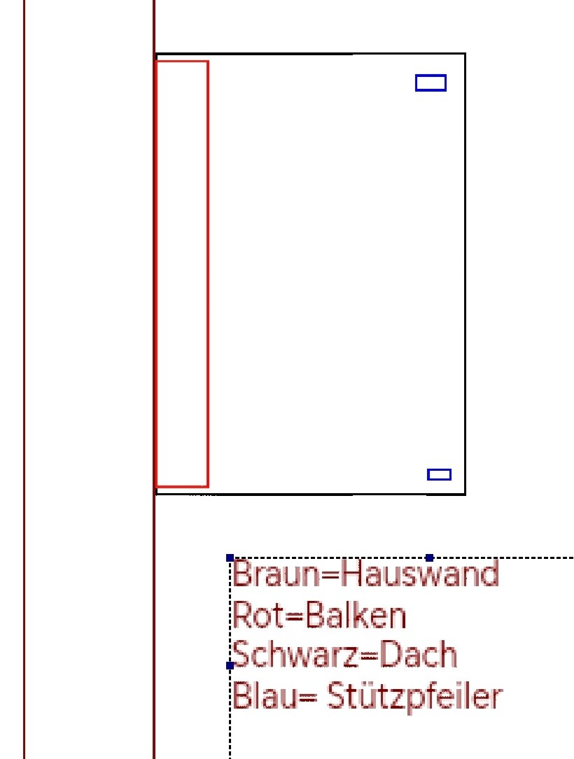 Skizze: Braun=Hauswand, Rot=Balken, Schwarz=Dach, Blau=Stützpfeiler