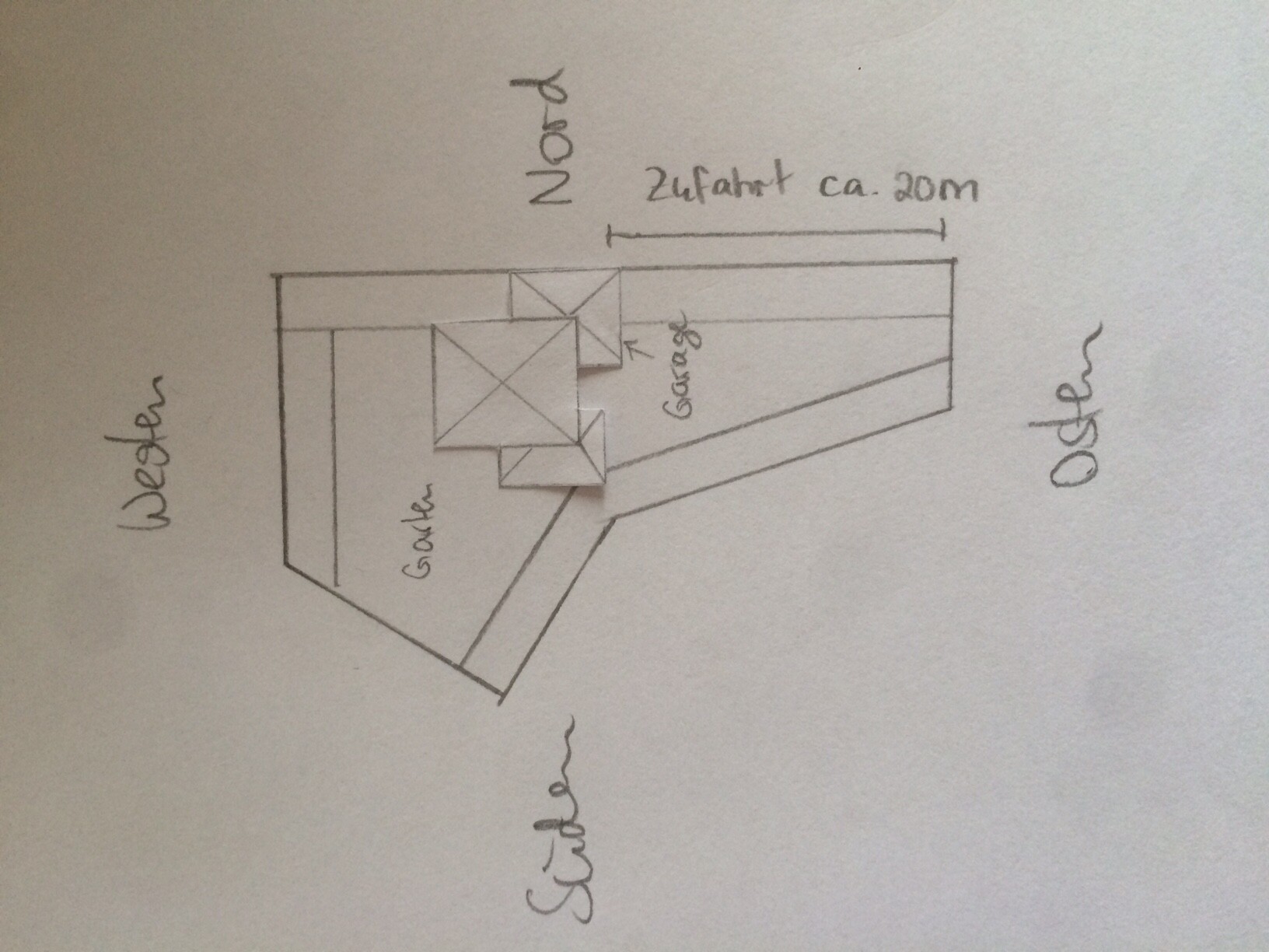 Handgezeichnete Grundriss-Skizze eines Hauses mit Garage, Zufahrt und räumlicher Anordnung