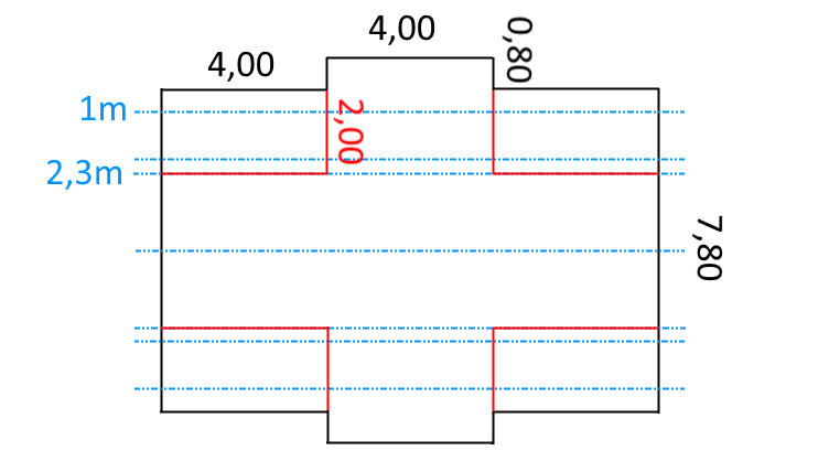 Grundriss eines rechteckigen Raums mit zwei Innenausschnitten; Maße: Breite 4,00 m, 1 m und 2,3 m.