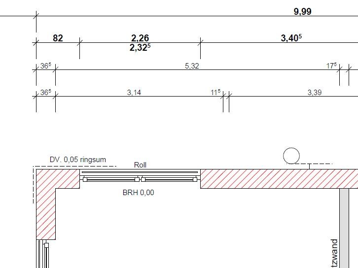 2D-Grundriss mit Abmessungen und Schnittdarstellung eines Hauses