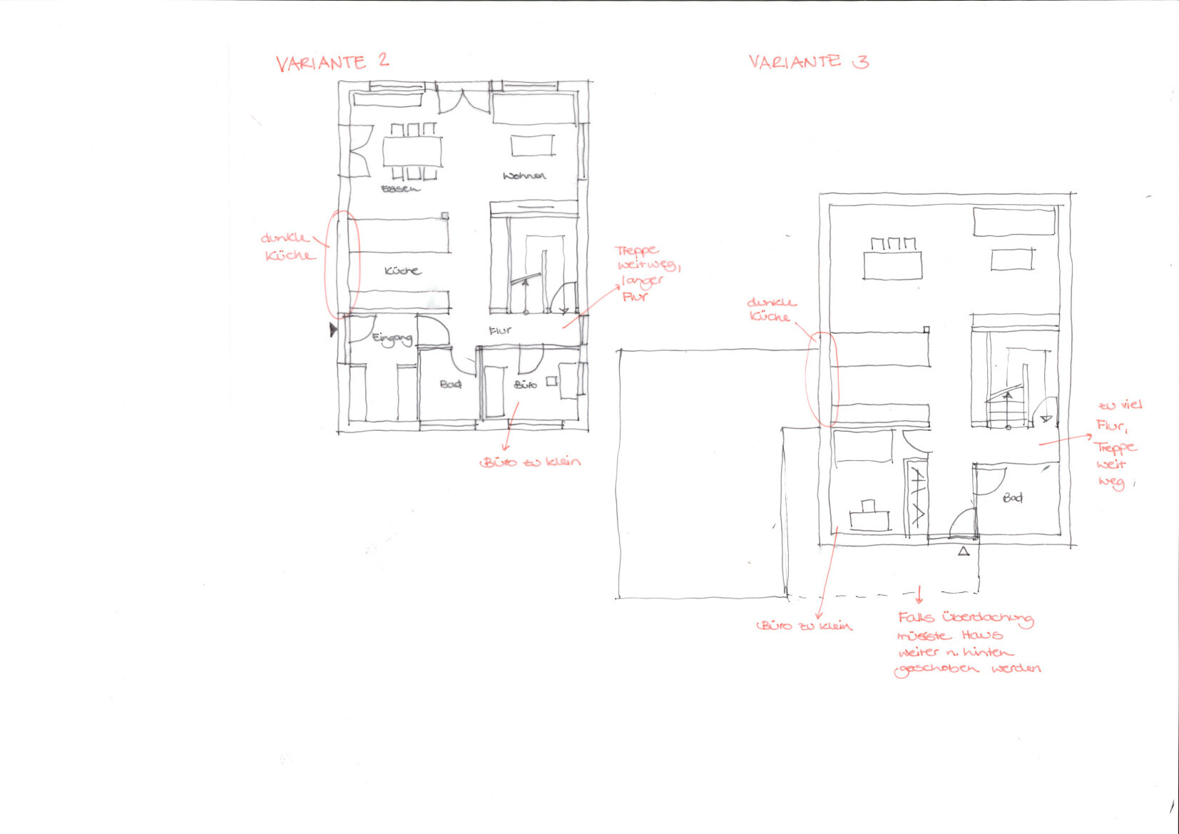 Skizze von zwei Haus-Grundrissen: Variante 2 links, Variante 3 rechts, mit Küche, Flur, Wohnen.